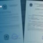 Representação de dois documentos sobre uma mesa: uma escritura pública, enquanto ao lado repousa uma certidão de matrícula de imóvel oficial.